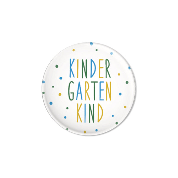 Button "KINDERGARTENKIND" bunt gepunktet (blau)