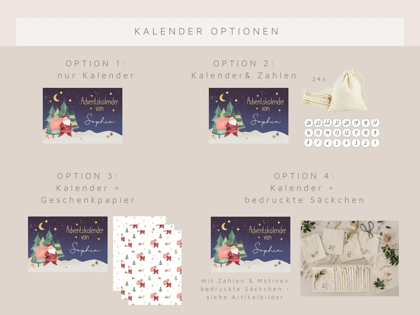 Adventskalender Weihnachtsmann-Motiv & aufgesetztem Namen aus Acryl