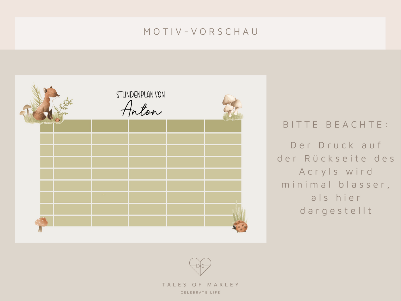 Abwischbarer Stundenplan - Motiv "Fuchs"